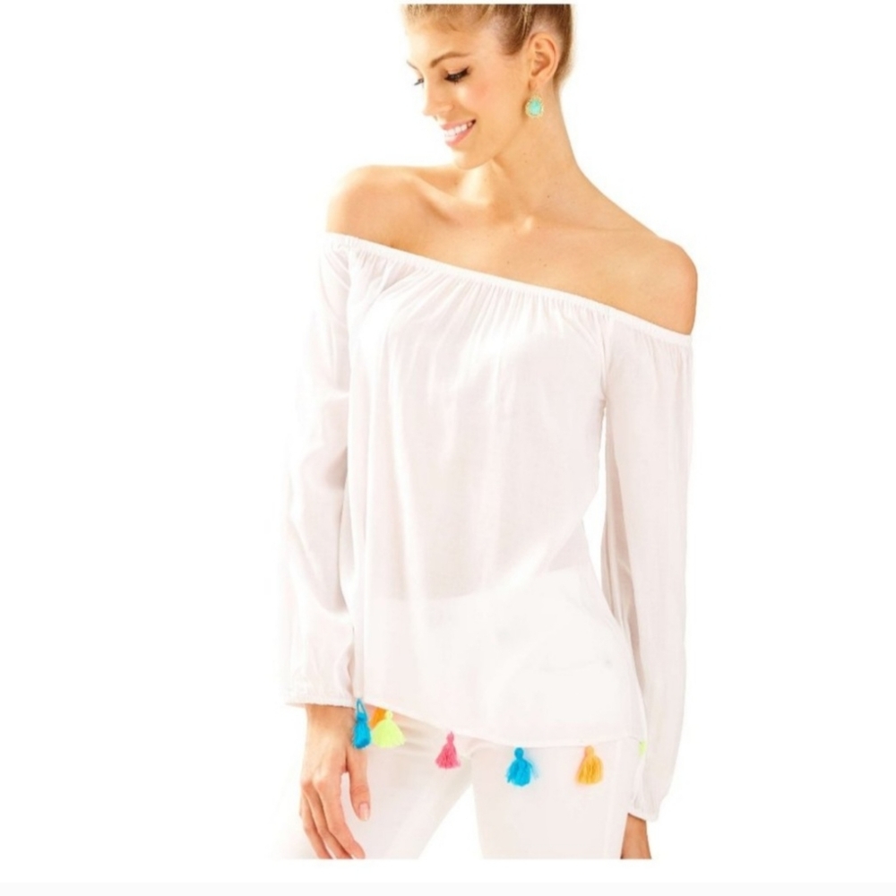 LILLY PULITZER WOMEN'S WHITE ENNA OFF SHOULDER TOP, SIZE S.